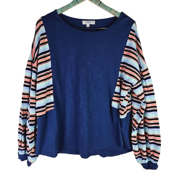 Umgee Plus Navy Blue Banded Cuffed Stripped Sleeve Round Hem Split Hip Top, XL - Picture 1 of 6